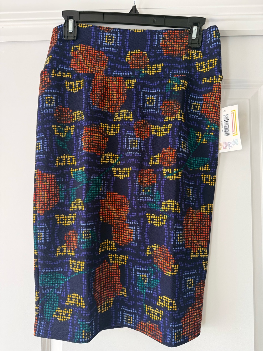 LuLaRoe Navy Pencil Skirt with Red, Yellow & Green Abstract Dots